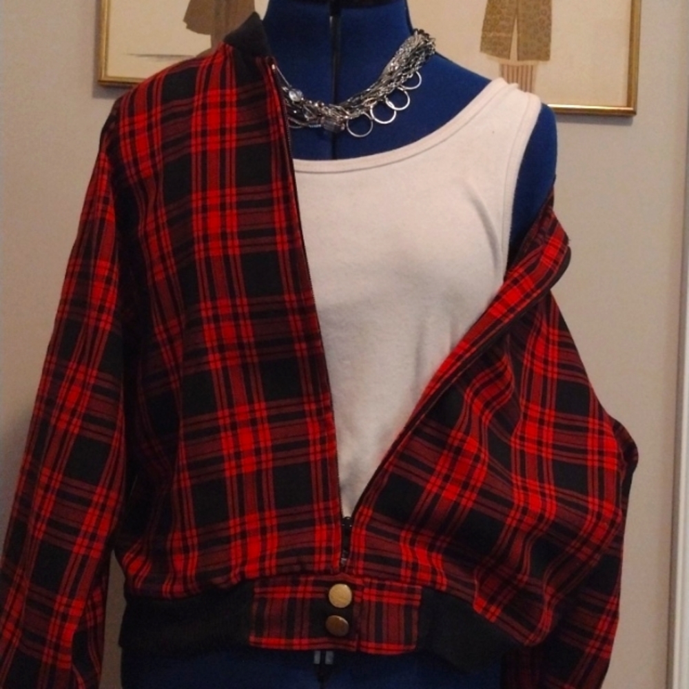RED SPRING PLAID BOMBER JACKET with Brass Button Pocket Back